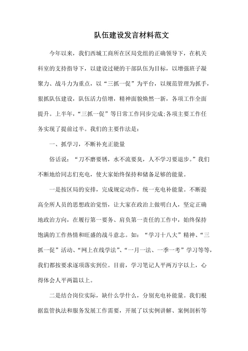 队伍建设发言材料范文.docx_第1页