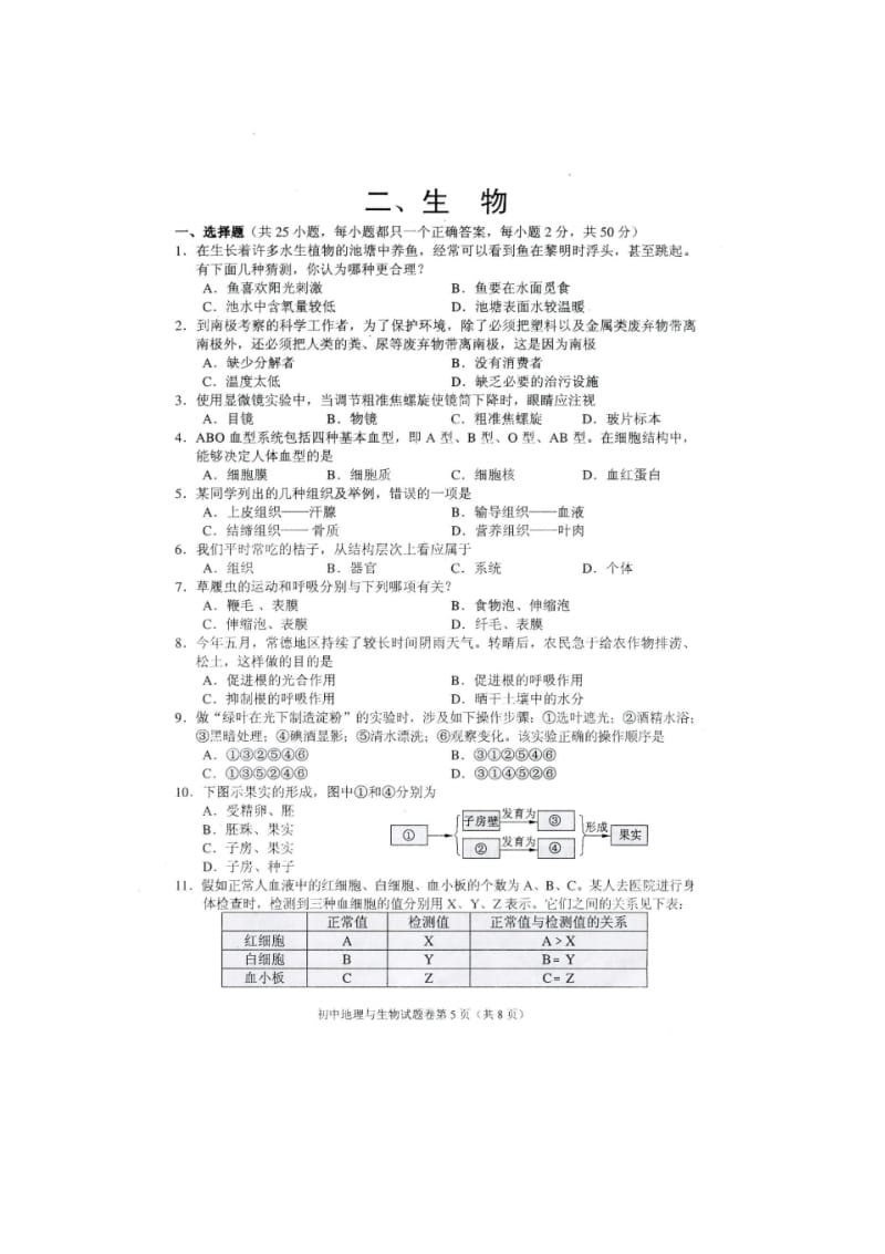 2014年湖南省常德市初中毕业学业考试生物试卷(扫描版,有答案).pdf_第1页