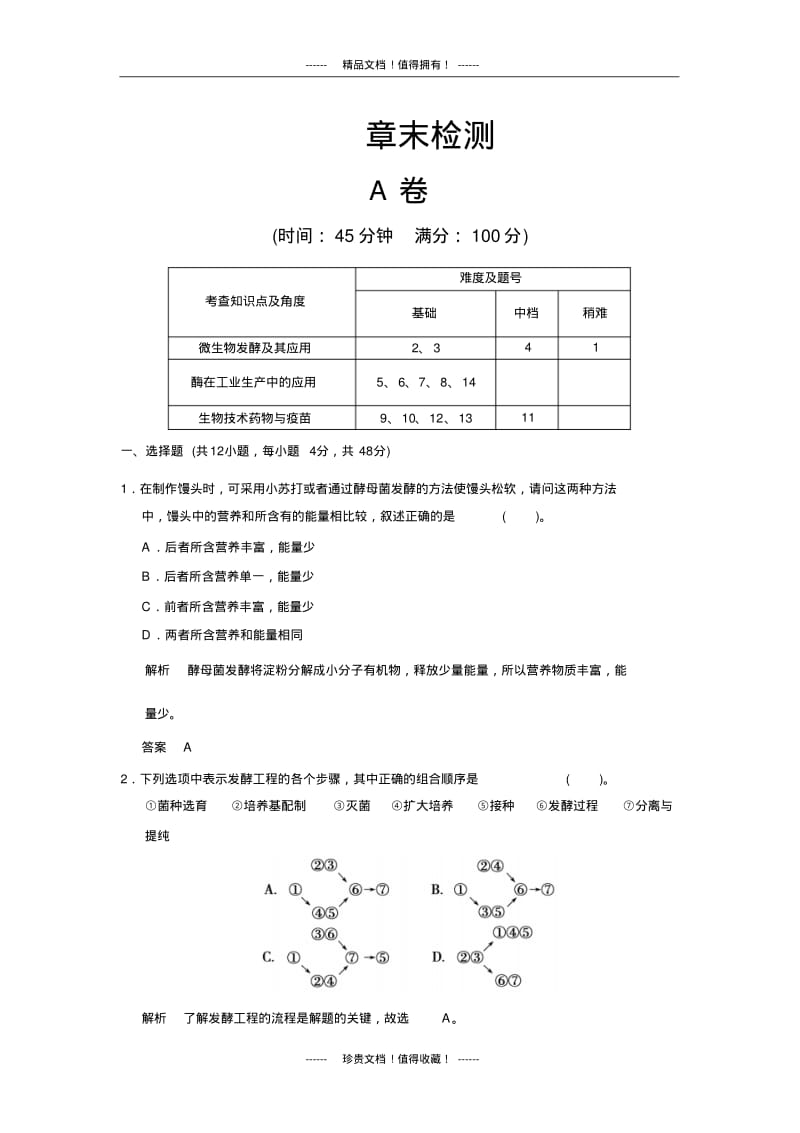 【创新设计】高中生物规范训练：第3章生物科学与工业章末检测(人教选修2).pdf_第1页