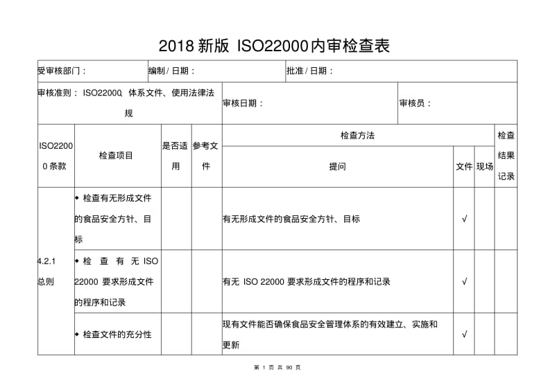 2018新版ISO22000内审检查表.pdf_第1页