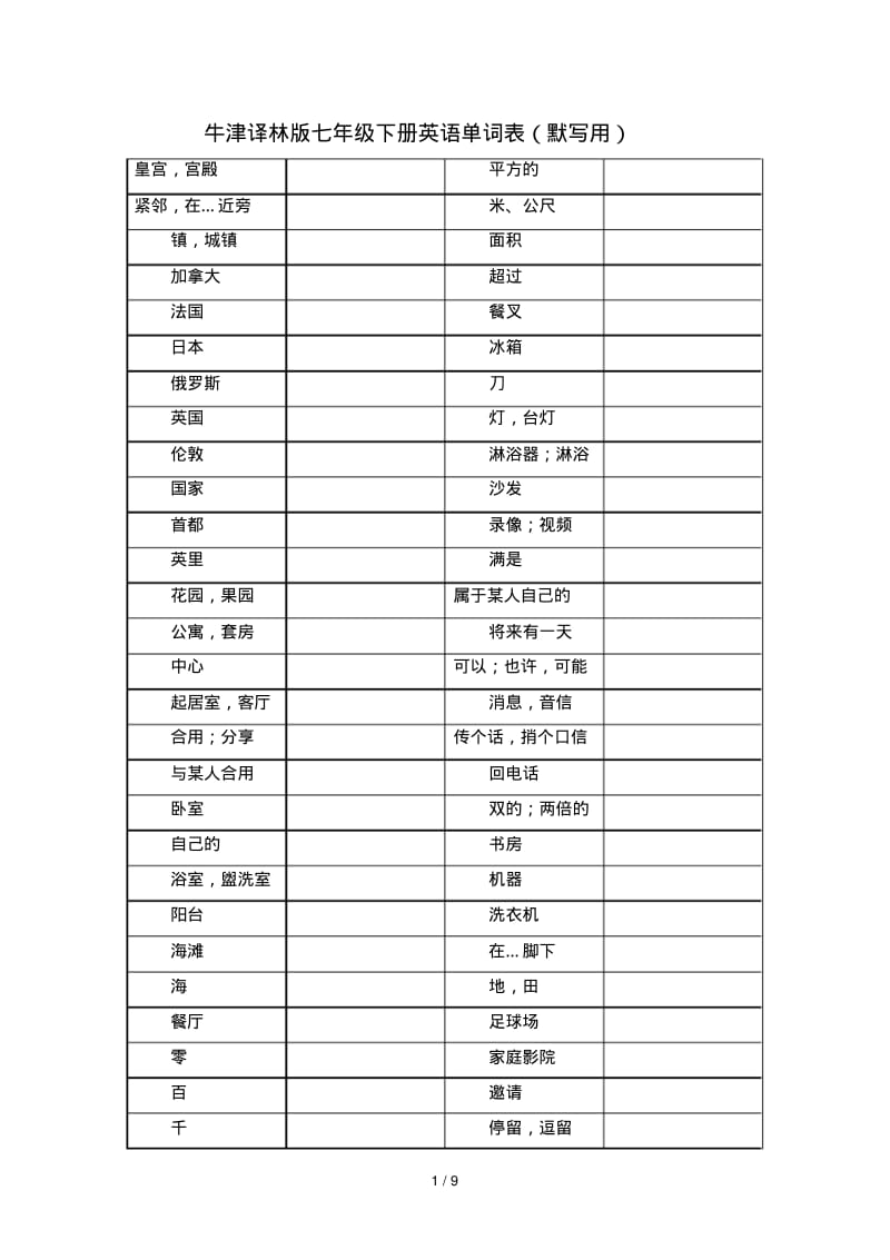 牛津译林新版七年级下册英语单词表(默写用).pdf_第1页