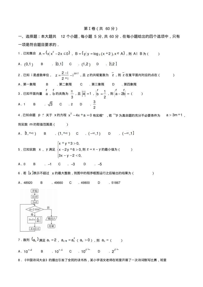 衡水中学2019年高考文科数学押题最后一卷.pdf_第1页