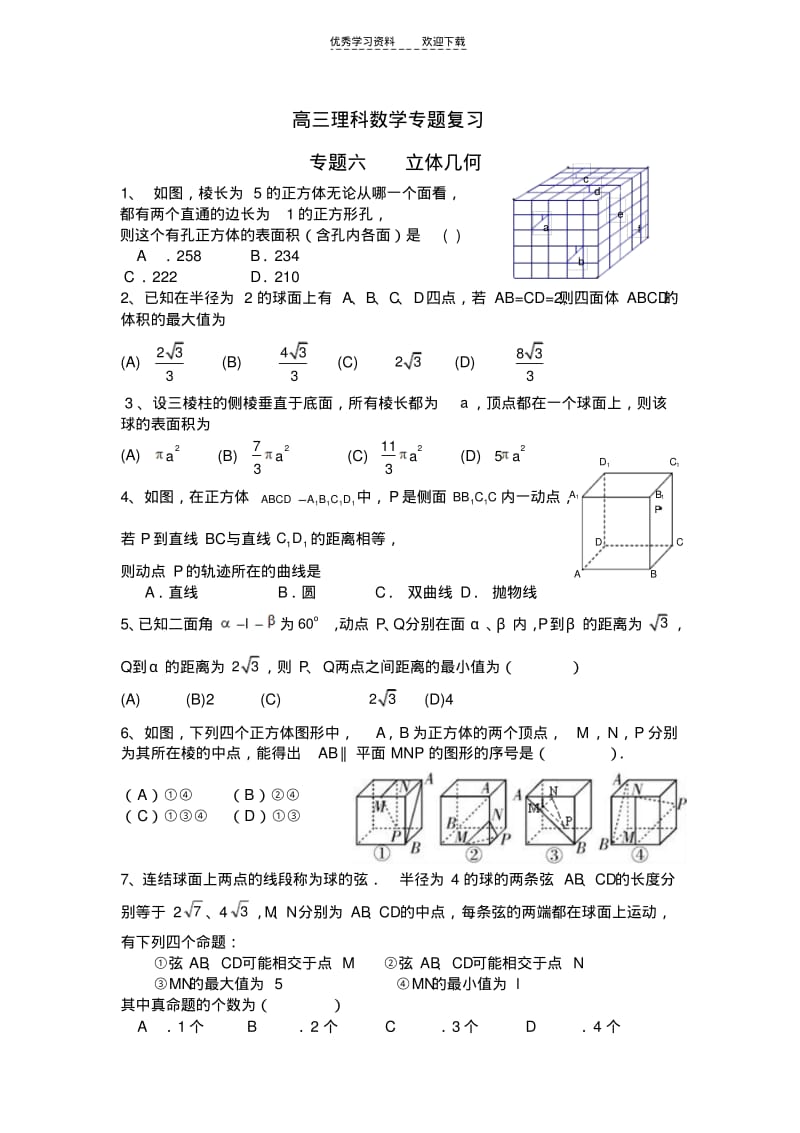 【优质文档】高三理科立体几何专题.pdf_第1页