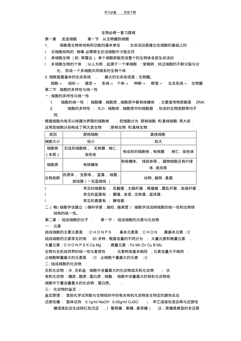 【优质文档】高一上学期生物期中考试复习提纲.pdf_第1页