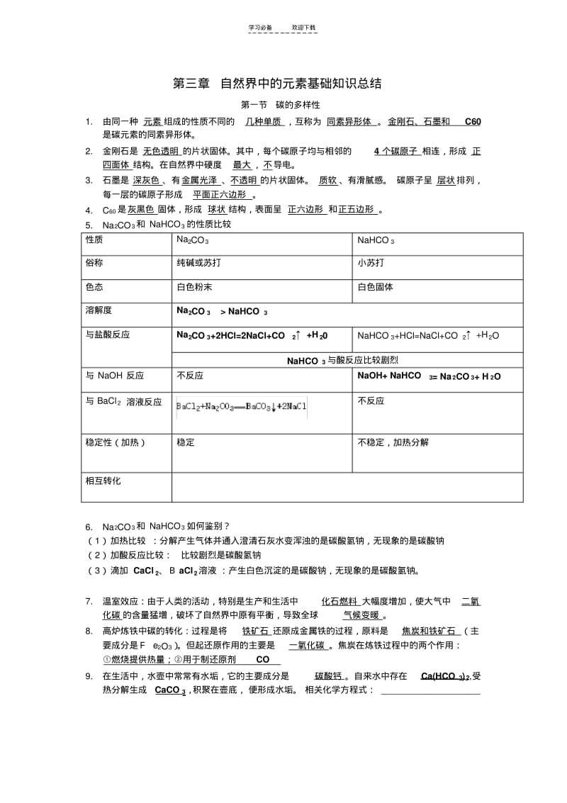 【优质文档】高中化学《第三章自然界中的元素》基础知识总结鲁科版必修.pdf_第1页