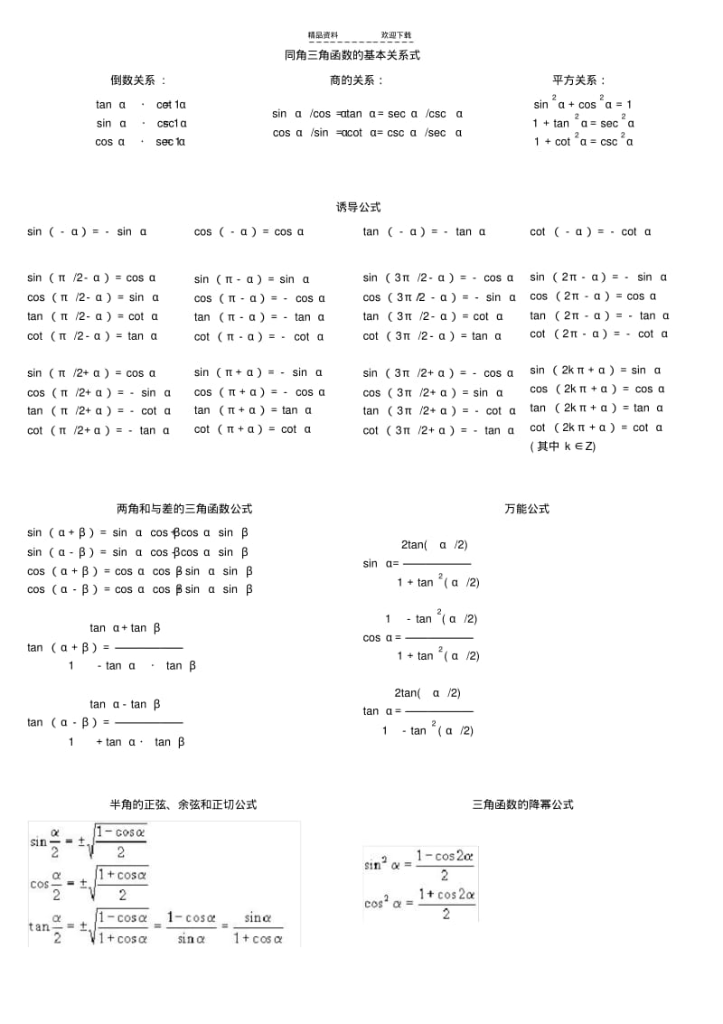 【优质文档】三角函数常用公式(表格).pdf_第1页