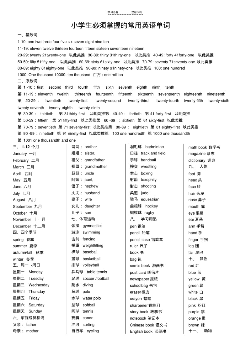 【优质文档】小学生必须掌握的常用英语单词.pdf_第1页