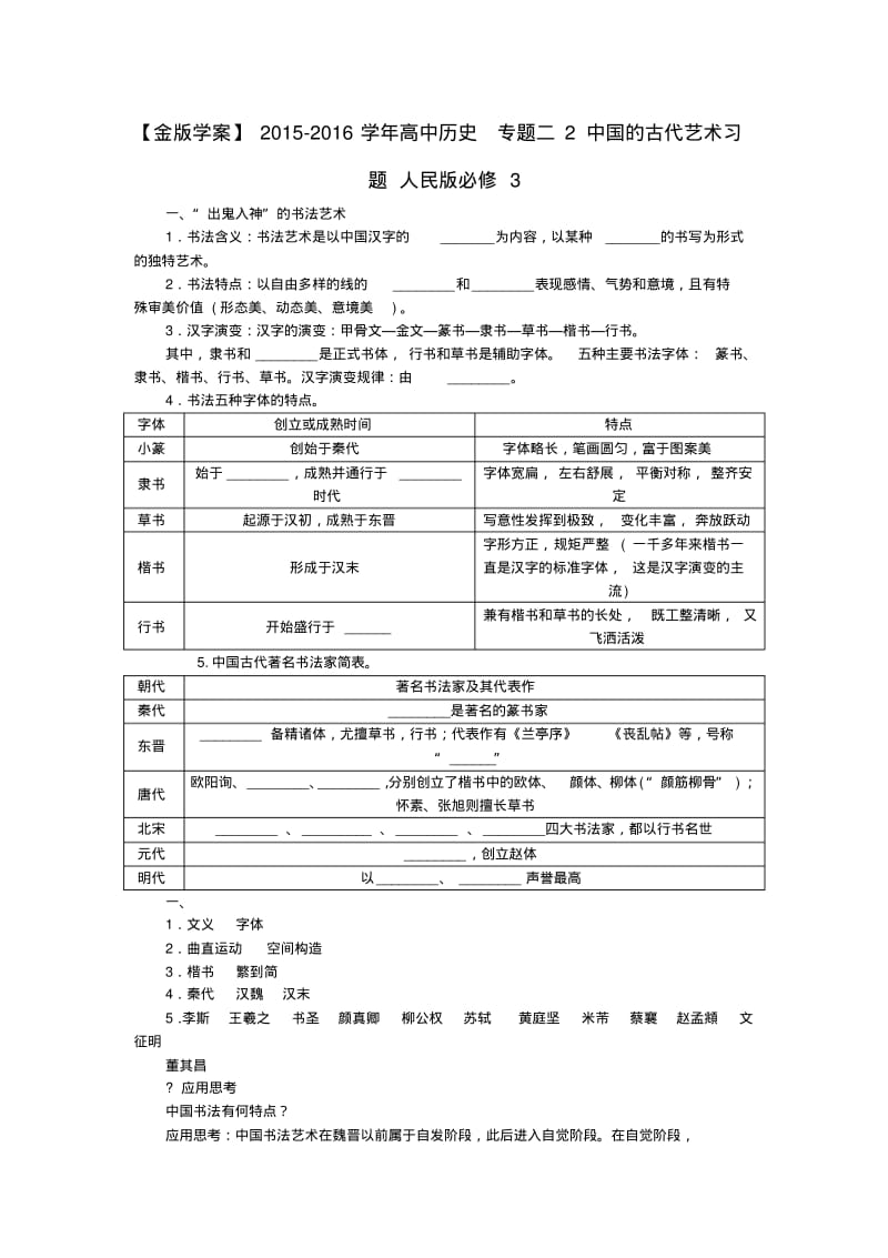 2015-2016学年高中历史专题二2中国的古代艺术习题人民版必修3.pdf_第1页