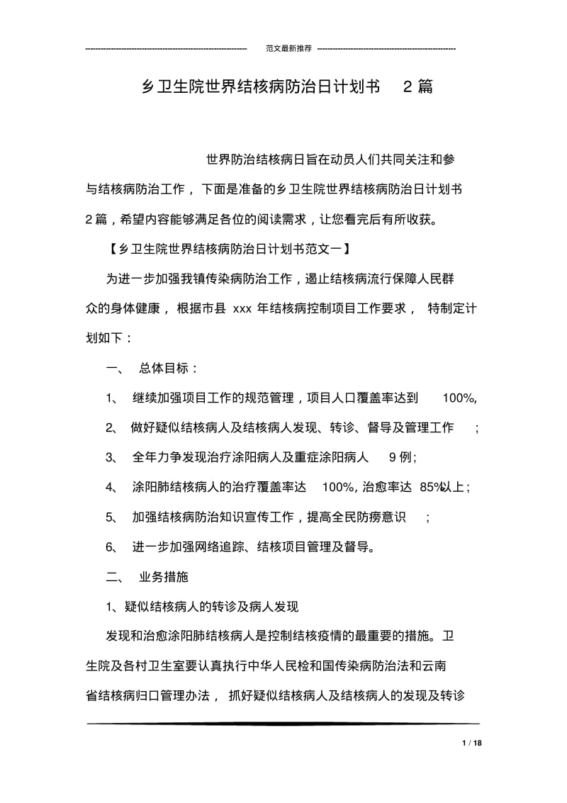 乡卫生院世界结核病防治日计划书2篇.pdf_第1页