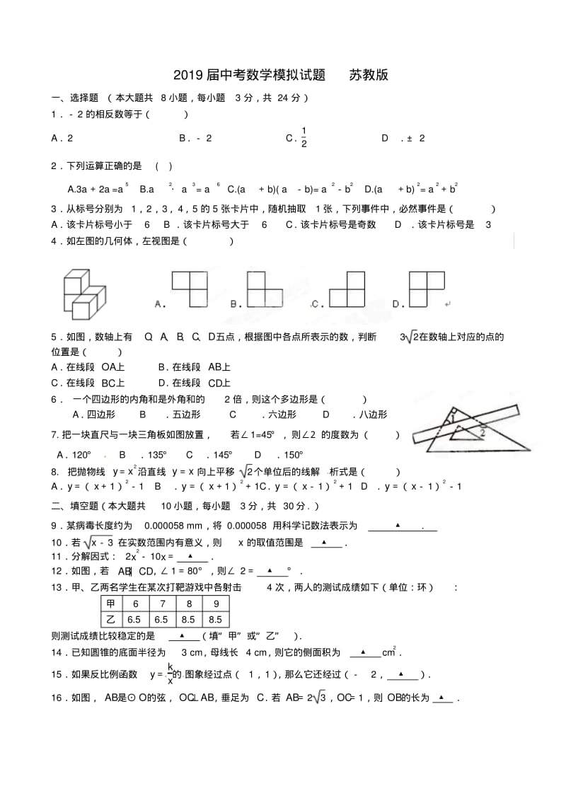 2019届中考数学模拟试题苏教版.pdf_第1页