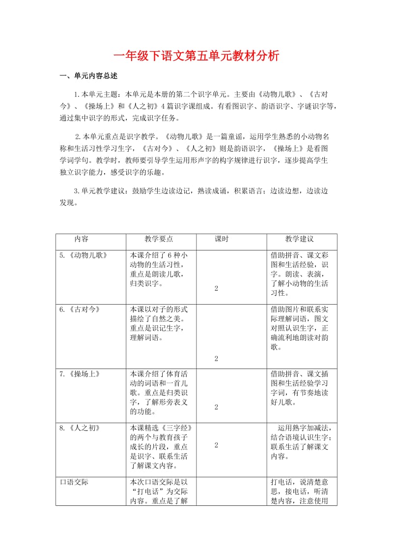 部编(统编)人教版语文  一年级语文下册-第五单元教材简析.docx_第1页