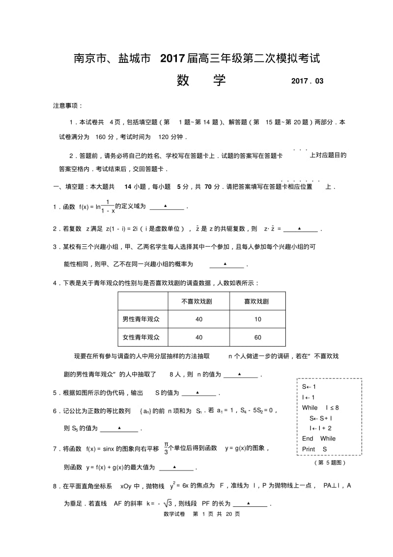 南京市、盐城市2017届高三年级第二次模拟考试数学试卷汇总.pdf_第1页