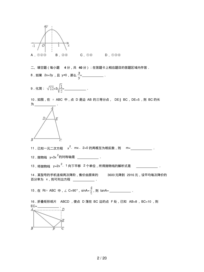 泉州市南安市2019届九年级上期末数学试卷含答案解析.pdf_第2页