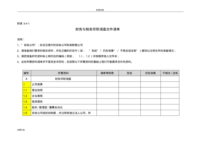 财务与税务尽职调研文件资料应用清单.pdf_第1页