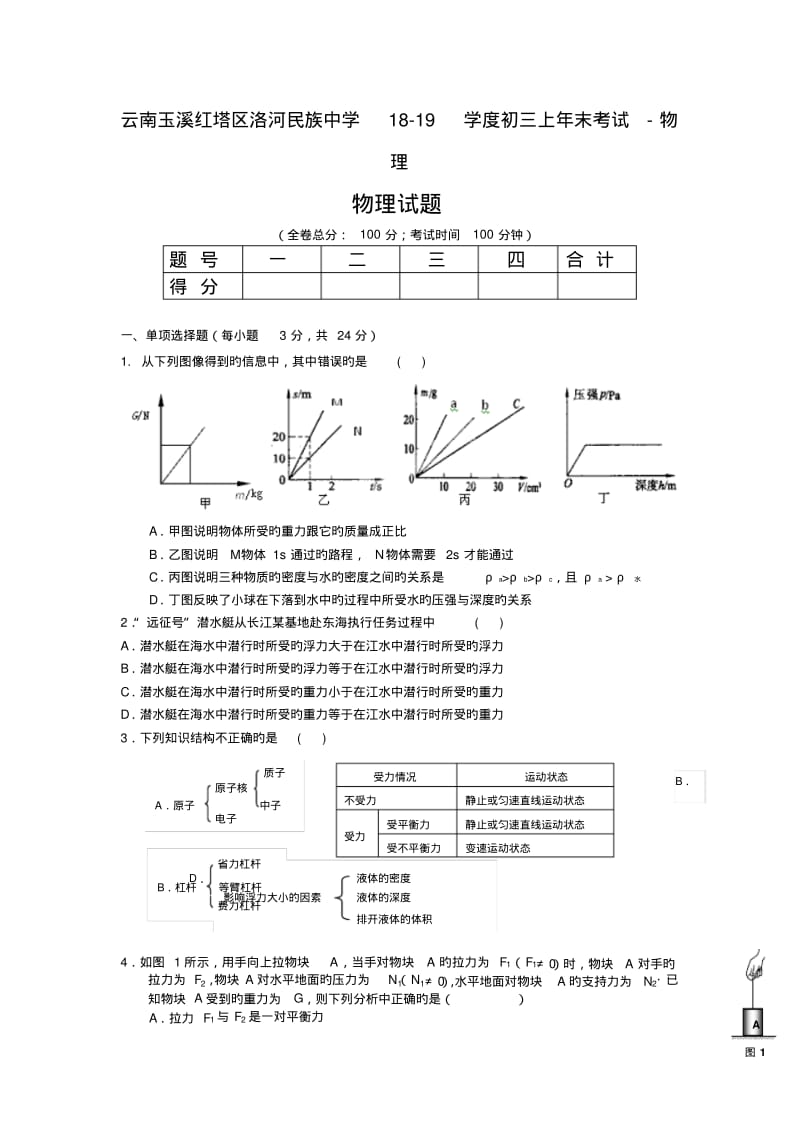 云南玉溪红塔区洛河民族中学18-19学度初三上年末考试-物理.pdf_第1页