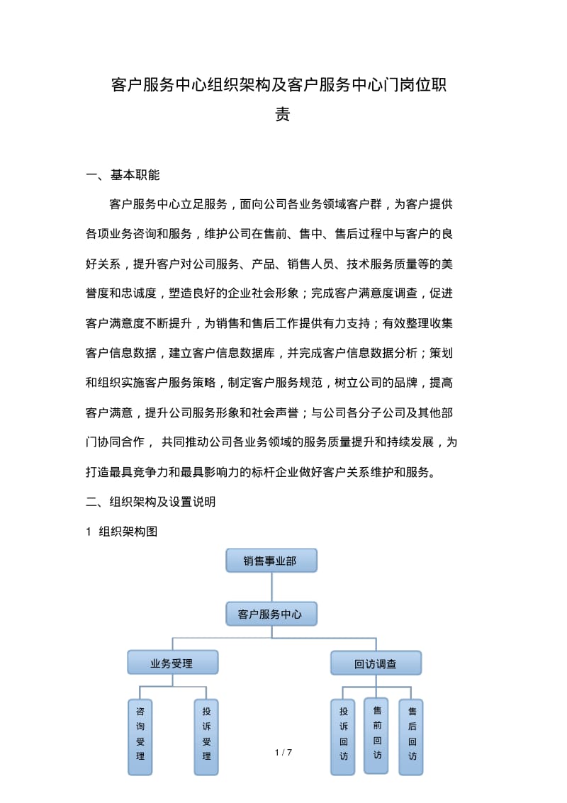 客户服务中心组织架构及客服部门岗位职责.pdf_第1页