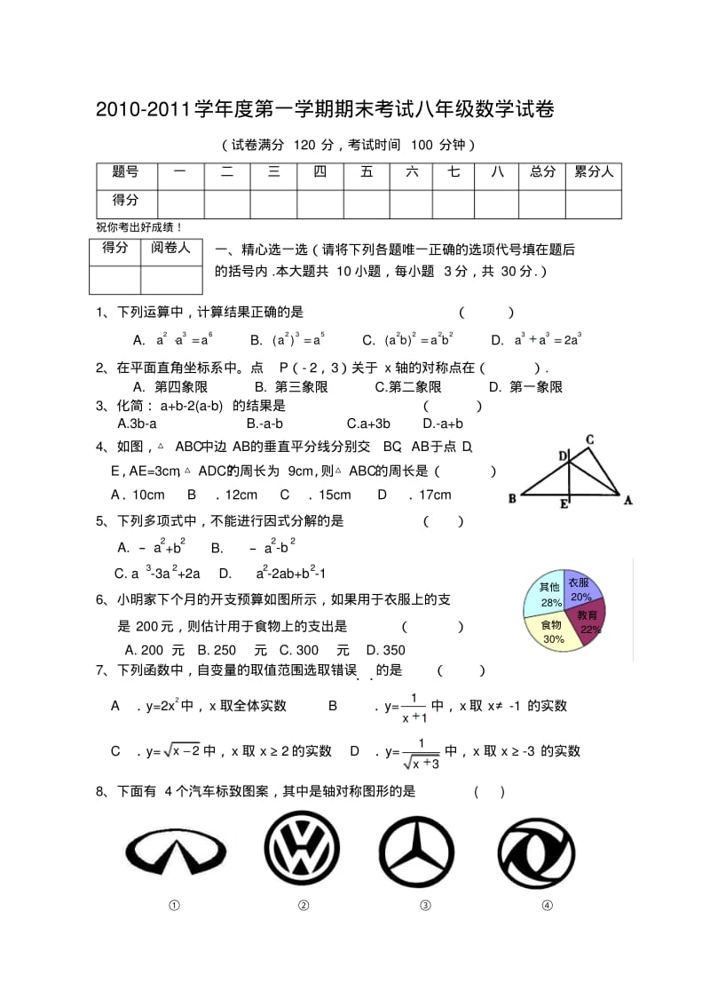 人教版八年级上数学期末考试试卷(5套).pdf_第1页