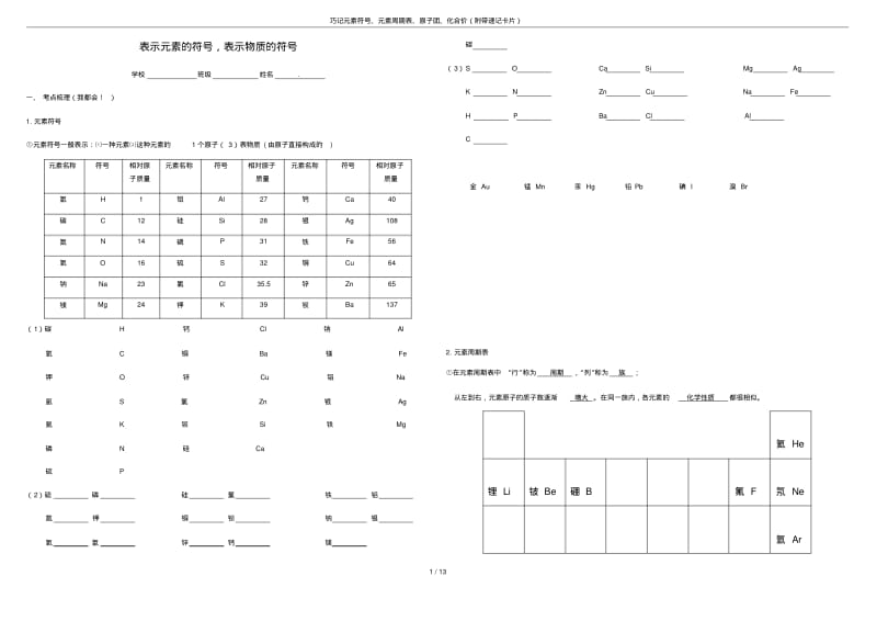 巧记元素符号、元素周期表、原子团、化合价(附带速记卡片).pdf_第1页