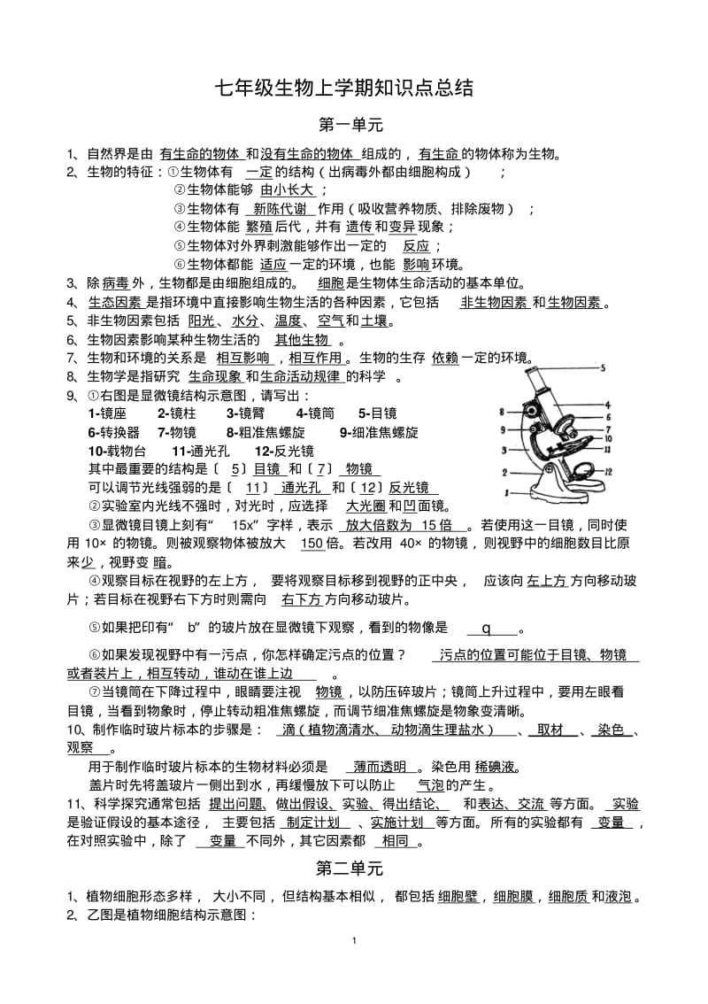 苏教版七年级生物上学期知识点汇总汇总.pdf_第1页