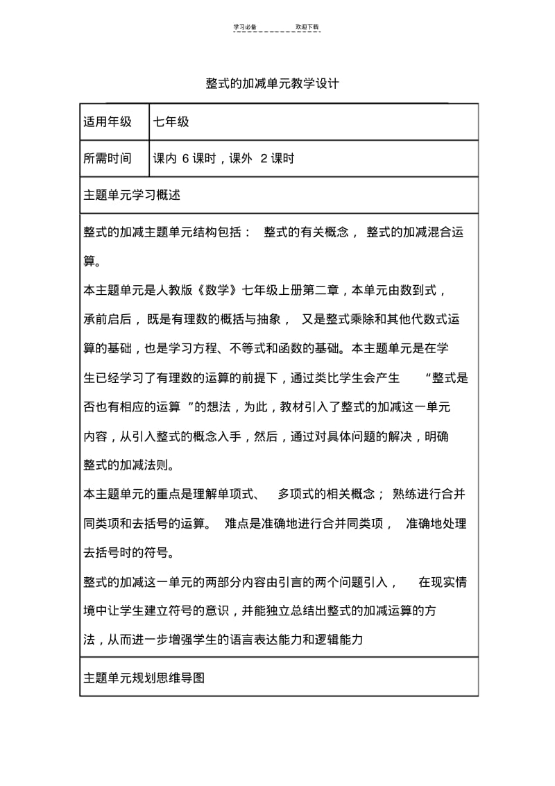 初中数学《整式的加减》单元教学设计以及思维导图.pdf_第1页