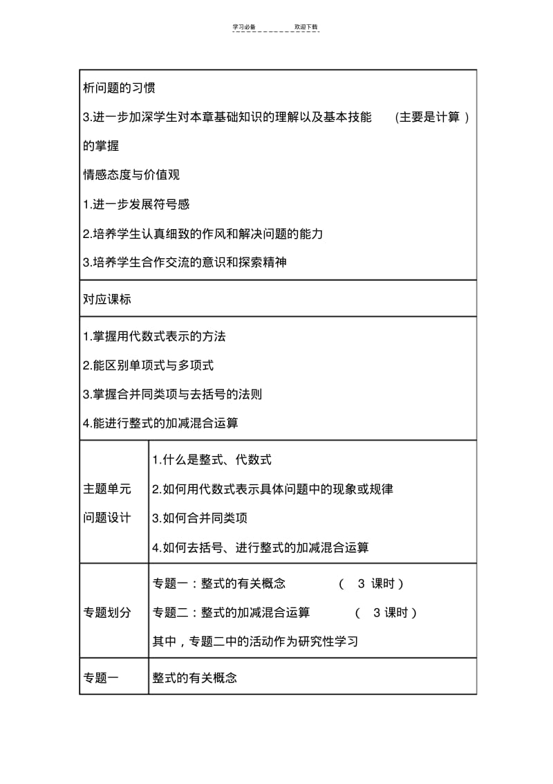 初中数学《整式的加减》单元教学设计以及思维导图.pdf_第3页