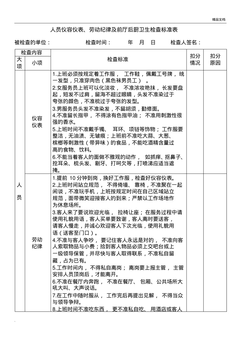 前厅后厨卫生检查标准表.pdf_第1页