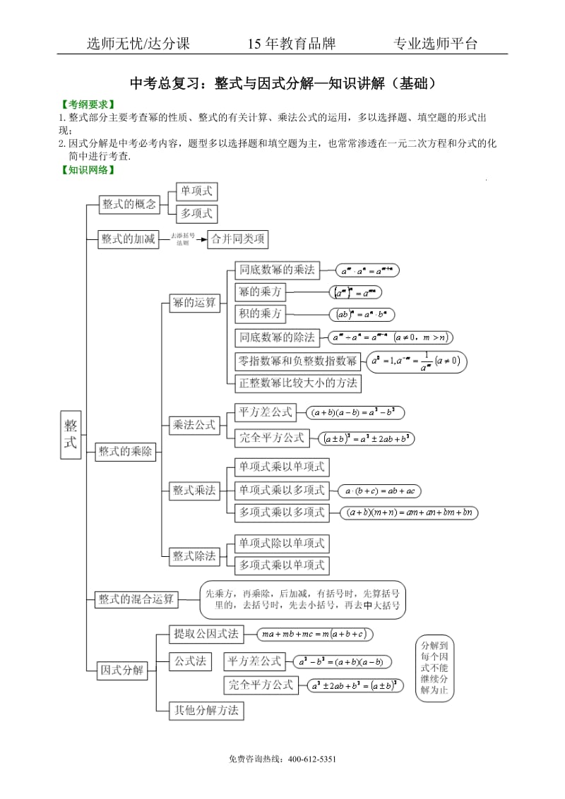 数学中考总复习：整式与因式分解--知识讲解（基础）.pdf_第1页