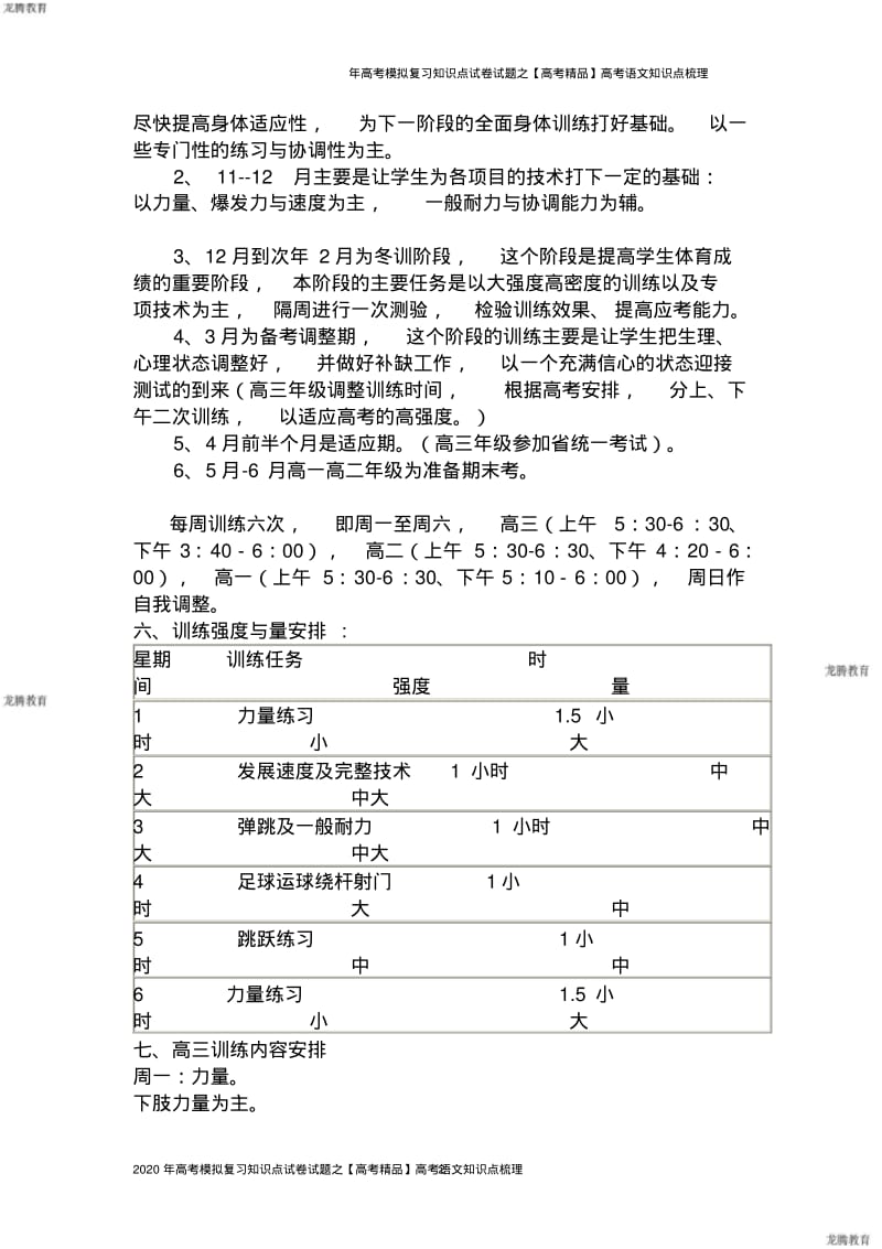 2020年高考模拟复习知识点试卷试题之体育高考训练计划.pdf_第2页