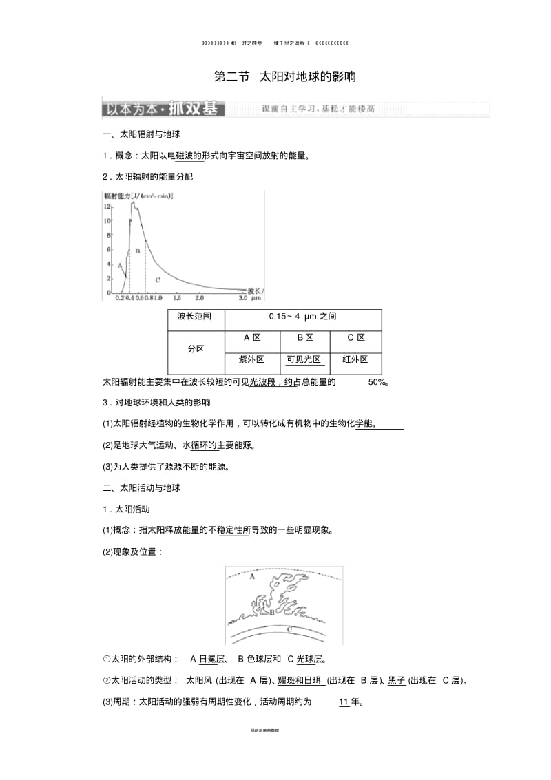 高中地理第一章宇宙中的地球第二节太阳对地球的影响学案湘教版必修40.pdf_第1页