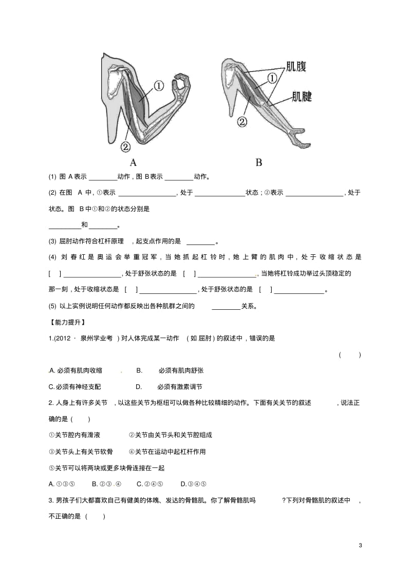 八年级生物上册第五单元第二章第一节动物的运动同步练习3(新版)新人教版.pdf_第3页