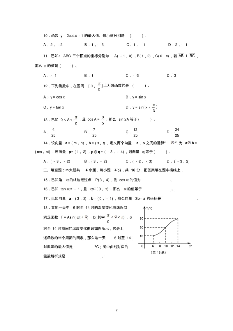 新人教版高二数学必修四数学-期末测试题.pdf_第2页