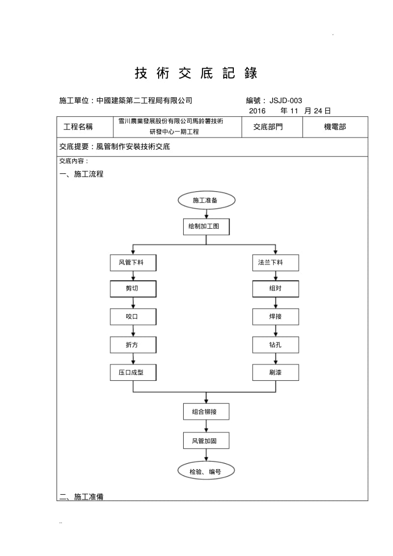 共板法兰、角钢法兰风管制作安装技术交底(0616232734).pdf_第1页