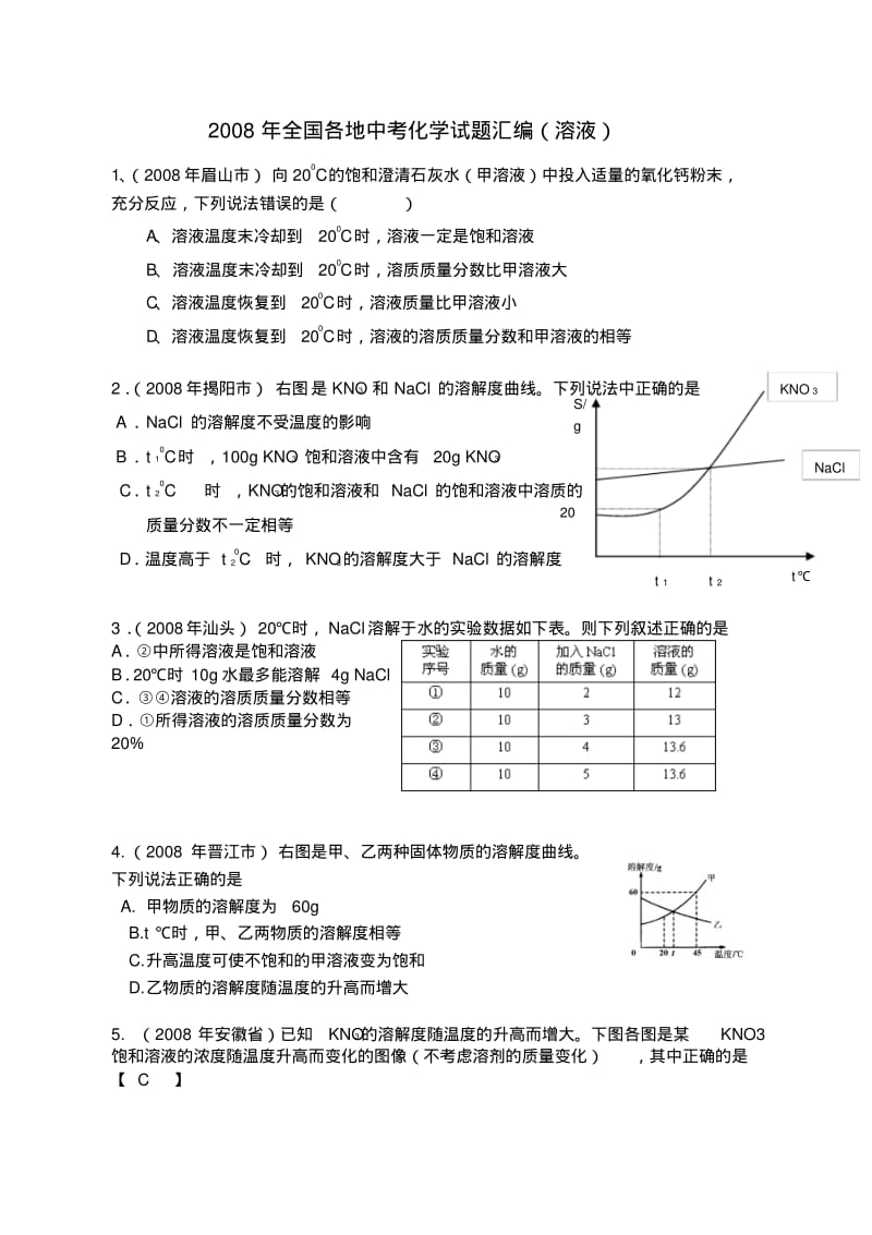 中考化学试题汇编(溶液).pdf_第1页