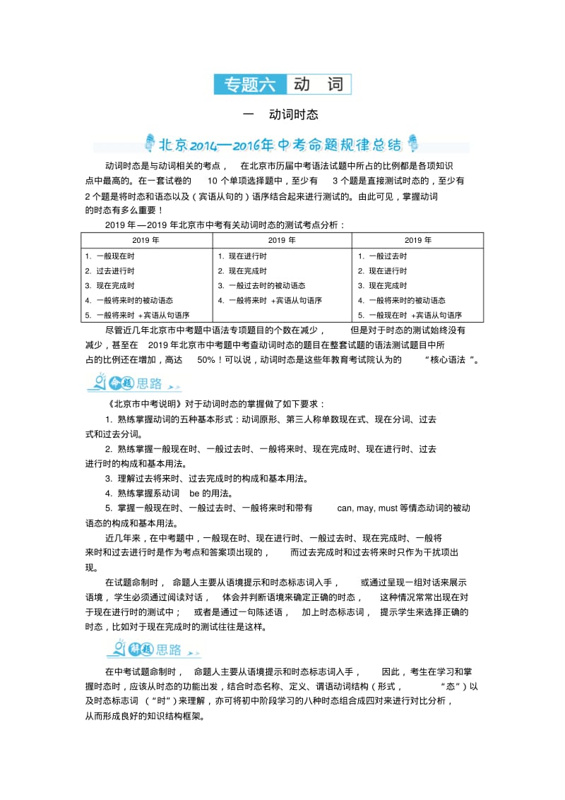 2019北京中考英语复习三年命题规律总结+中考精炼：专题六动词.pdf_第1页