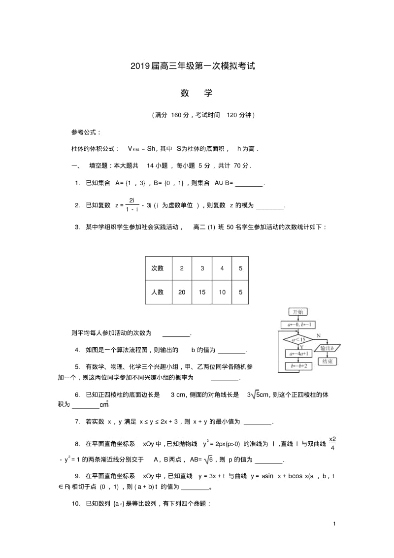 江苏省南通市高三数学第一次模拟考试试题.pdf_第1页