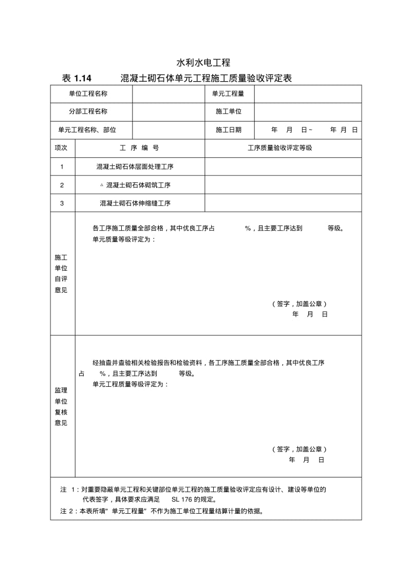 水利水电工程混凝土砌石体单元工程施工质量验收评定表.pdf_第1页