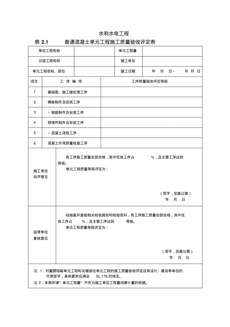 水利水电工程普通混凝土单元工程施工质量验收评定表.pdf_第1页