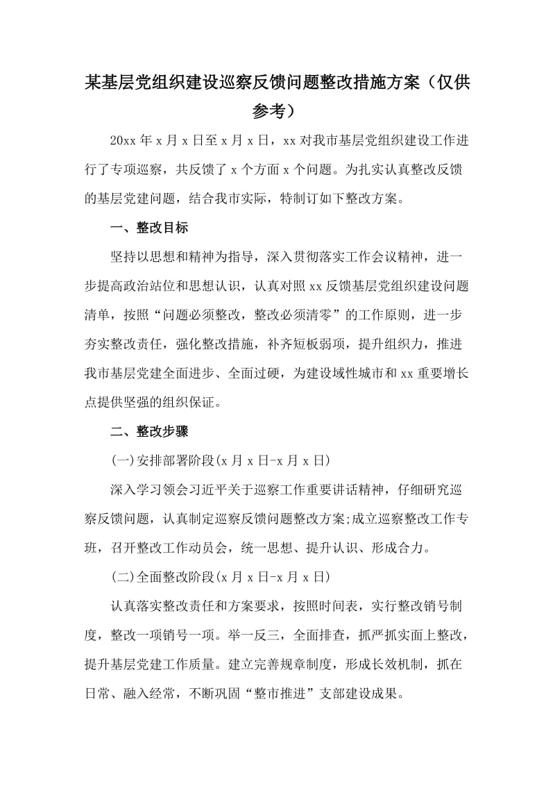 某基层党组织建设巡察反馈问题整改措施方案（仅供参考）.docx_第1页