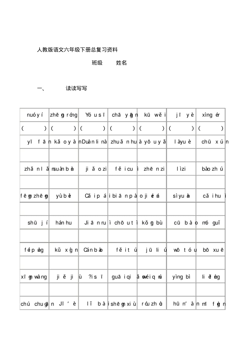 2016-2017年人教版小学六年级语文下册总复习人教版语文六年级下册总复习资料(1).pdf_第1页