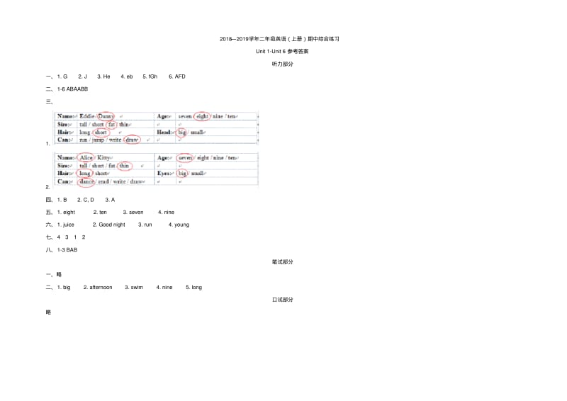 2018—2019上学期二年级英语期中测试卷(牛津上海版).pdf_第3页