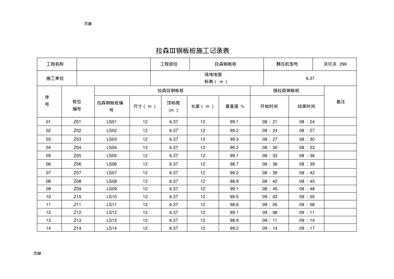 拉伸钢板桩施工记录簿表.pdf_第1页