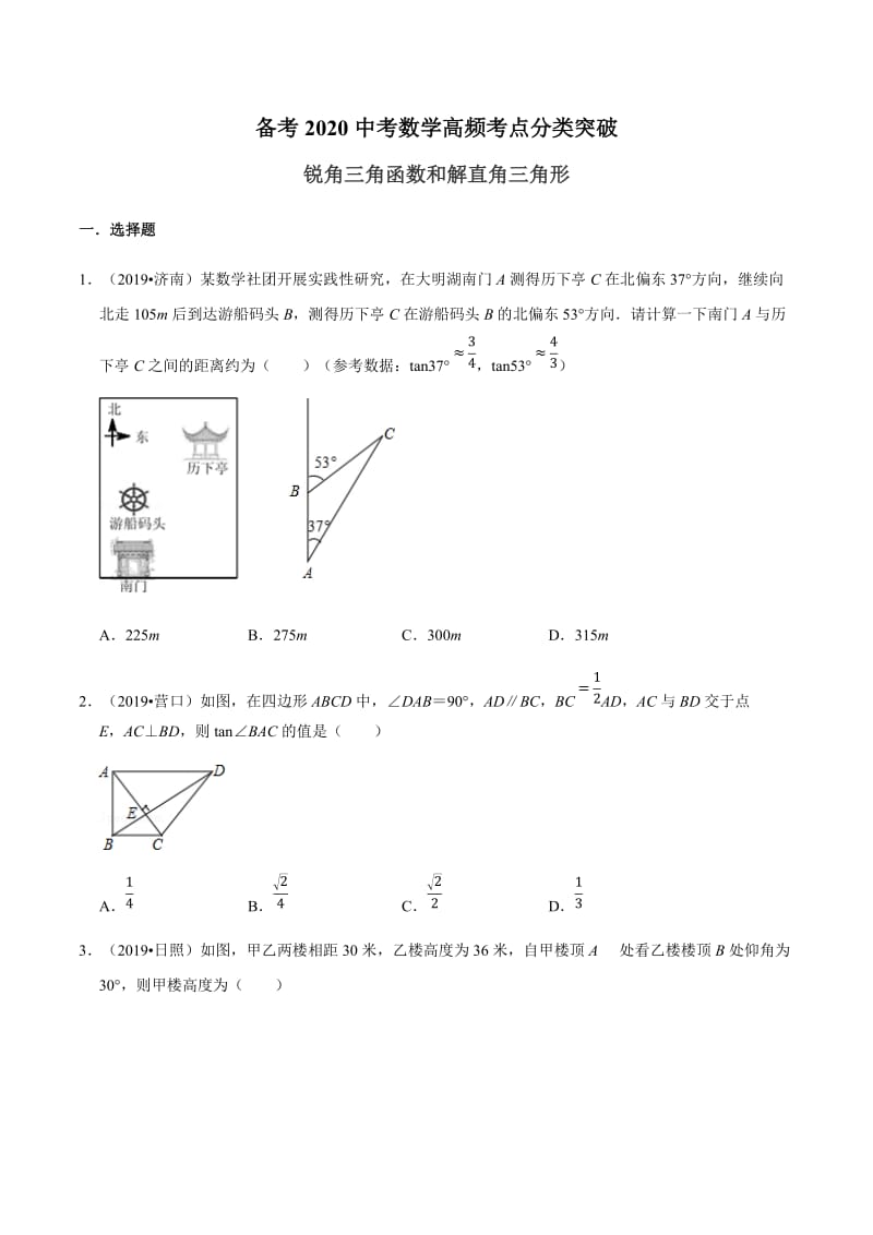 专题19 锐角三角形和解直角三角形-备考2020中考数学高频考点分类突破(原卷版).docx_第1页