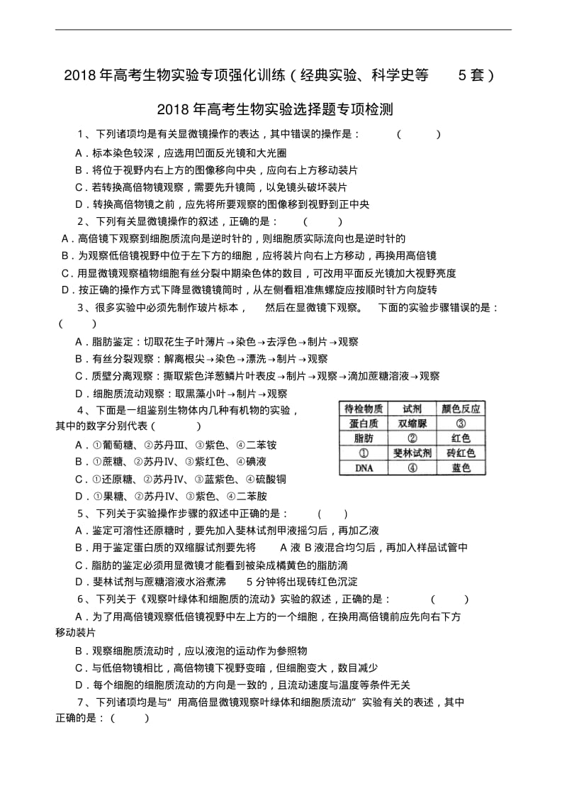 最新-2018年高考生物实验专项强化训练(经典实验、科学史等5套)精品.pdf_第1页