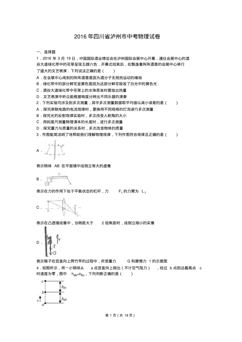 2016年四川省泸州市中考物理试卷(解析版).pdf_第1页