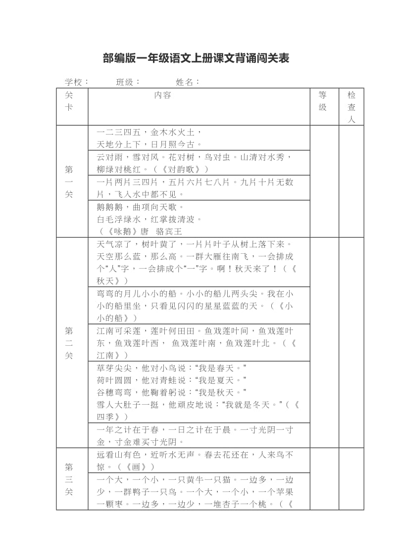 （暑假预习也可用）部编版一年级上册语文背诵课文内容及闯关表.doc_第1页