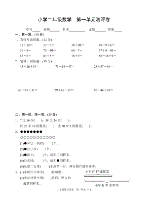 （暑假预习也可用）苏教版二上数学数学二上第一单元测试卷.doc