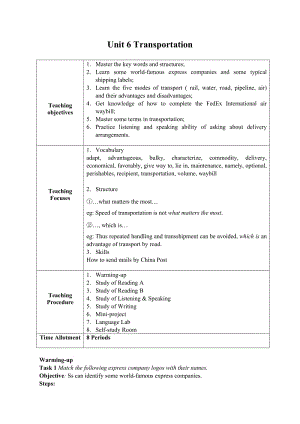 新职业英语 职业综合英语1 Unit 6 Transportation 电子教案.doc