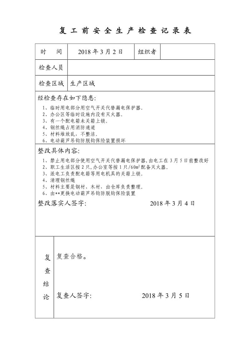 复工复产前安全生产检查记录表-样表.doc_第1页