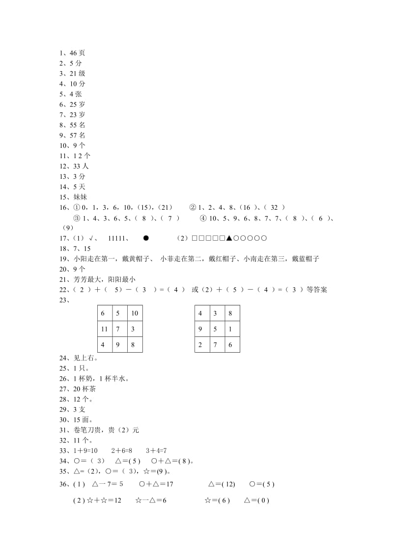 小学一年级数学思维训练50题答案.doc_第1页