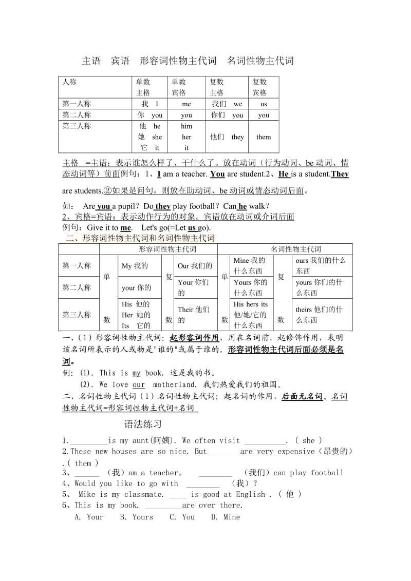 主语宾语形容词性物主代词名词性物主代词.doc_第1页